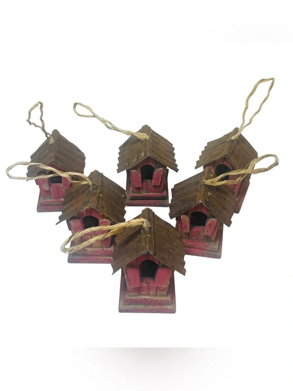 Rustic Primitive Red Wooden Birdhouse Ornaments Metal Roof Set of 6